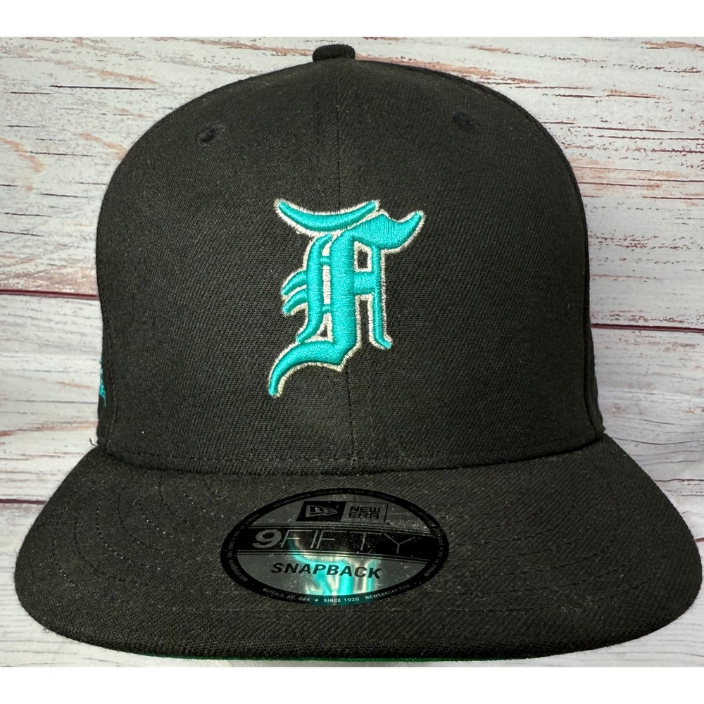 Fear of God Essentials New Era 9FIFTY Snapback Hat Black Teal F Logo Cap